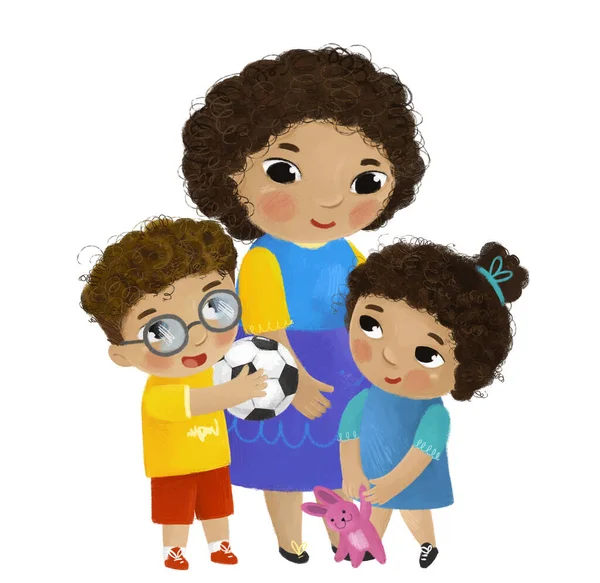 Kreslené Scény Šťastnou Milující Rodinu Matka Syn Dcera Bílém Pozadí — Stock fotografie