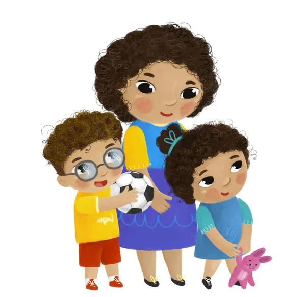 Escena Dibujos Animados Con Familia Amorosa Feliz Madre Hijo Hija —  Fotos de Stock