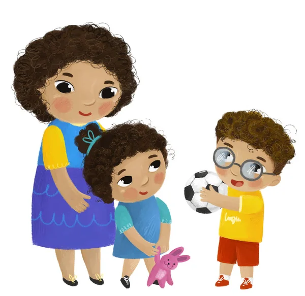 子供のための白い背景イラストで幸せな家族の母親の息子と娘と漫画シーン — ストック写真