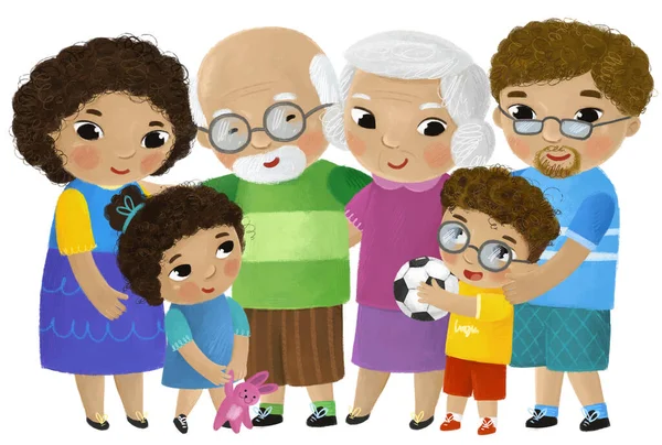卡通片场景与孩子们一起父亲 祖父和孩子们的家庭插图 — 图库照片