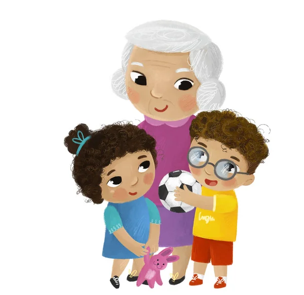Kreslené Scény Šťastný Milující Rodina Babička Babička Děti Vnuk Vnuk — Stock fotografie