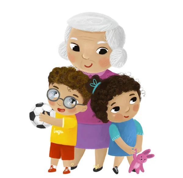 Escena Dibujos Animados Con Feliz Familia Cariñosa Abuela Hijos Nieto —  Fotos de Stock