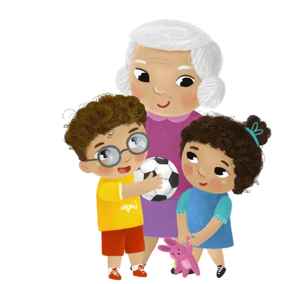卡通片场景 与快乐可爱的家庭祖母 孙子孙女和祖父一起 为孩子们描绘白色的背景 — 图库照片
