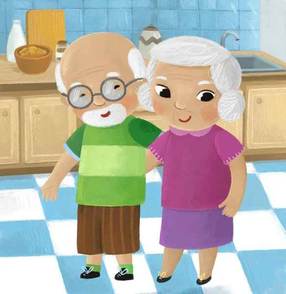 家族を愛する幸せな漫画シーンおばあちゃんおばあちゃんおばあちゃんおばあちゃんご夫婦のためのキッチンイラスト — ストック写真