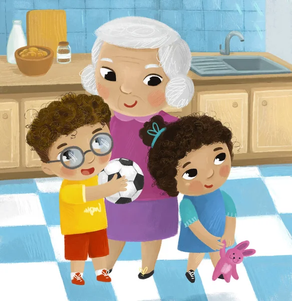 Scène Dessin Animé Avec Famille Dans Cuisine Jeune Adulte Illustration — Photo