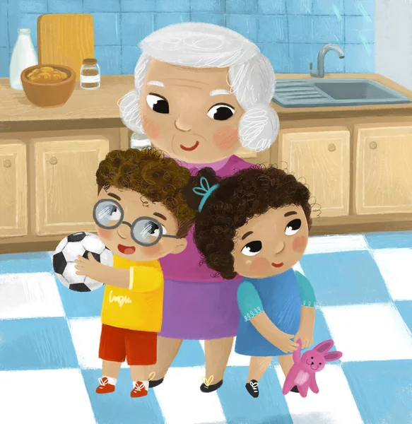 家庭年轻在厨房里的卡通片场景和大人给孩子们的插图 — 图库照片