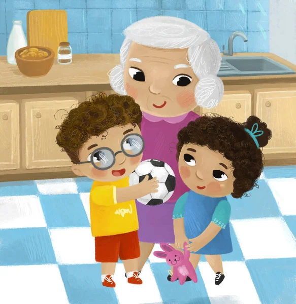 Escena Dibujos Animados Con Familia Cocina Joven Adultos Ilustración Para —  Fotos de Stock