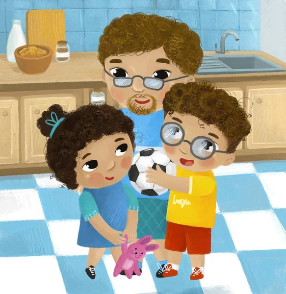 Cartoon Scene Family Kitchen Young Grownups Illustration Kids — Stock Photo, Image