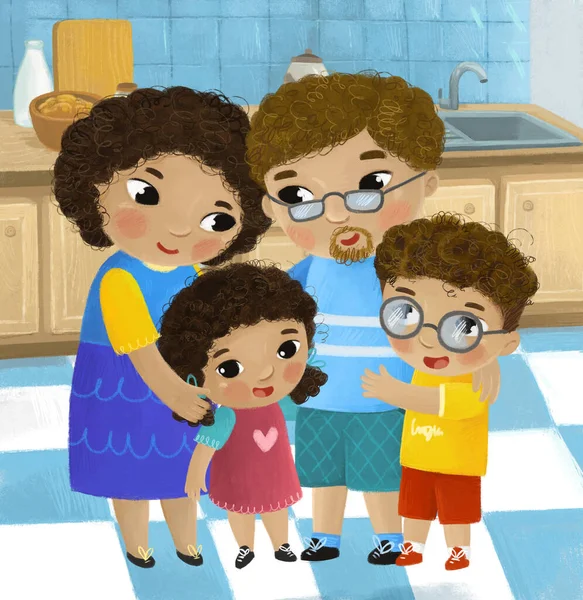 Cartoon Scene Met Familie Keuken Jong Volwassenen Illustratie Voor Kinderen — Stockfoto