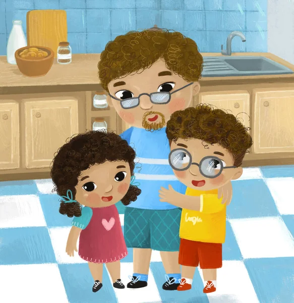 家庭年轻在厨房里的卡通片场景和大人给孩子们的插图 — 图库照片
