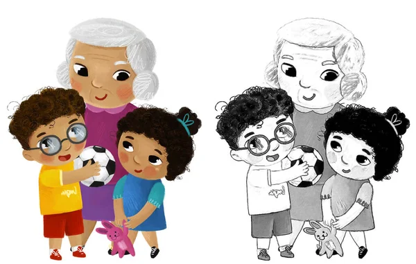 Tecknad Scen Med Glad Kärleksfull Familj Mormor Mormor Barn Barnbarn — Stockfoto