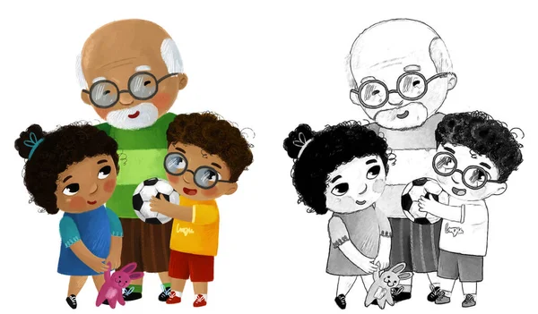 家族を愛する幸せな漫画シーンおじいちゃん子供孫と孫子供のための白い背景イラスト — ストック写真