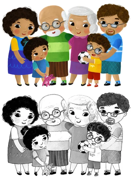 Escena Dibujos Animados Con Niños Padre Madre Abuelo Abuela Abuelo —  Fotos de Stock