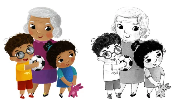 Escena Dibujos Animados Con Feliz Familia Cariñosa Abuela Hijos Nieto — Foto de Stock