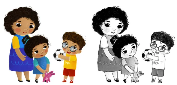 Cena Dos Desenhos Animados Com Família Amorosa Feliz Mãe Filho — Fotografia de Stock
