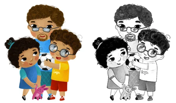 卡通片场景 在白色背景图上为孩子们展示快乐的亲生父母和女儿 — 图库照片
