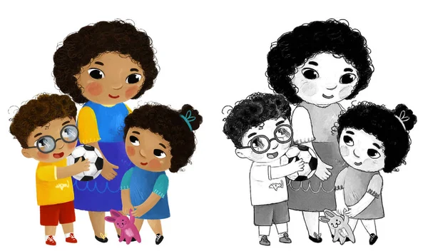 Çizgi Film Sahnesinde Mutlu Aile Babası Anne Kız Çocuklar Için — Stok fotoğraf