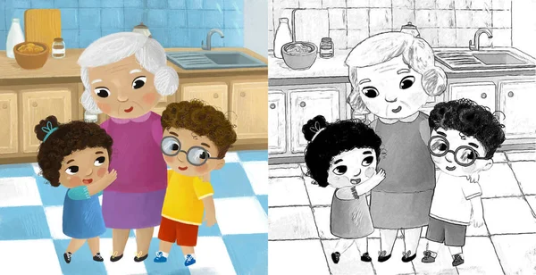 Escena Dibujos Animados Con Familia Cocina Joven Adultos Ilustración Para — Foto de Stock