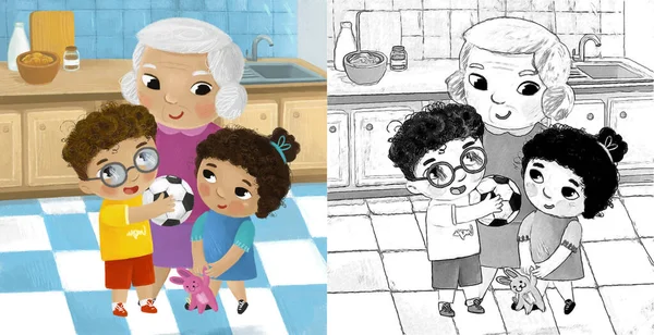 Escena Dibujos Animados Con Familia Cocina Joven Adultos Ilustración Para — Foto de Stock