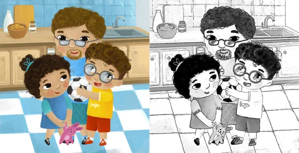 キッチンで家族と一緒に漫画のシーン子供のための若い大人のイラスト — ストック写真