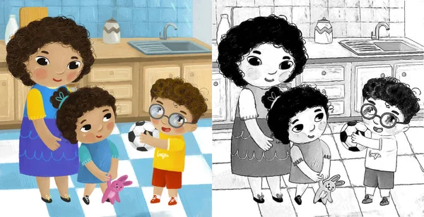 Mutfakta Ailelerin Olduğu Çizgi Film Sahnesi Gençler Yetişkinler Için Çizimler — Stok fotoğraf