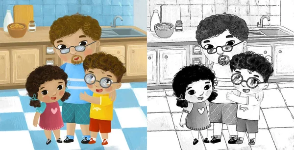 Cena Dos Desenhos Animados Com Família Cozinha Jovens Adultos Ilustração — Fotografia de Stock