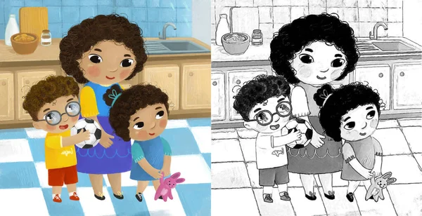 キッチンで家族と一緒に漫画のシーン子供のための若い大人のイラスト — ストック写真