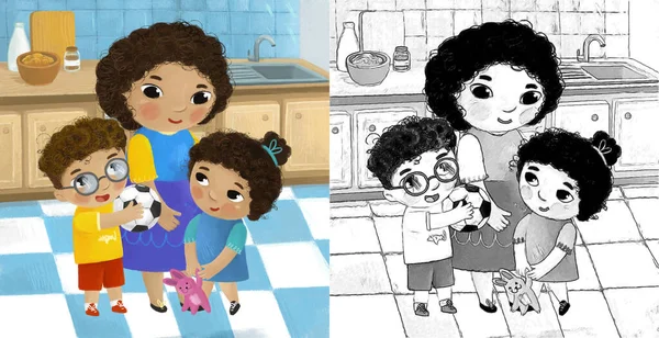 Mutfakta Ailelerin Olduğu Çizgi Film Sahnesi Gençler Yetişkinler Için Çizimler — Stok fotoğraf
