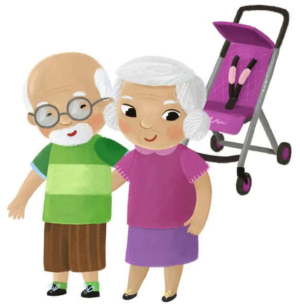 祖父和祖母在婴儿车旁边玩白色背景插图的卡通片 — 图库照片