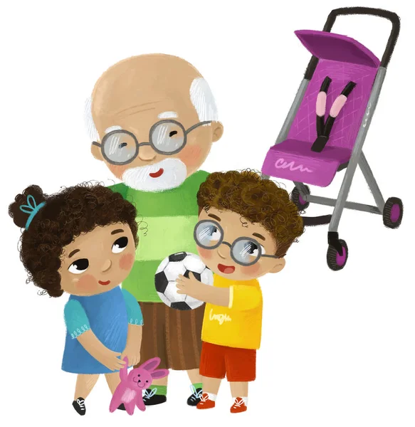 白い背景のイラストで遊んでいる祖父と子供の女の子と赤ちゃんの馬車の近くの男の子と漫画シーン — ストック写真