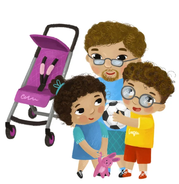 卡通片场景 父亲和孩子 女孩和男孩在婴儿车附近玩白色背景图 — 图库照片