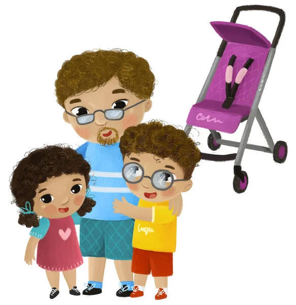 卡通片场景 父亲和孩子 女孩和男孩在婴儿车附近玩白色背景图 — 图库照片