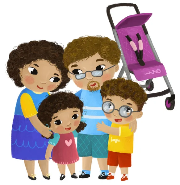 Cartoon Scene Father Mother Kids Girl Boy Baby Carriage Playing — Stock Photo, Image