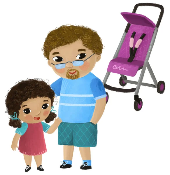 卡通片场景 父亲和小女孩在婴儿车附近玩白色背景图 — 图库照片
