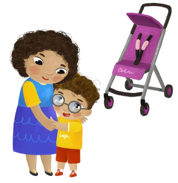 卡通片 母亲和小孩在婴儿车附近玩白色背景图 — 图库照片