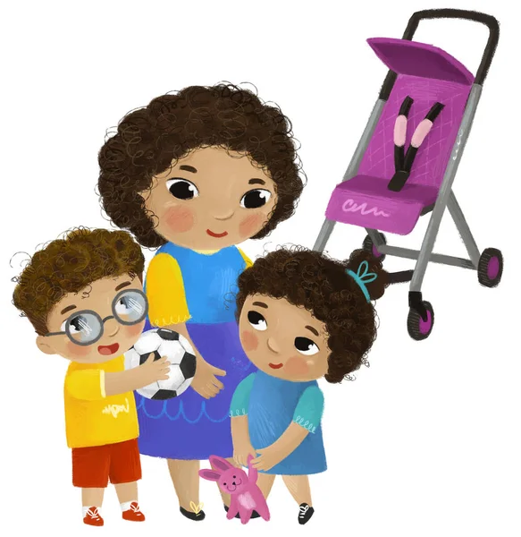 Escena Dibujos Animados Con Madre Los Niños Niño Niña Cerca —  Fotos de Stock