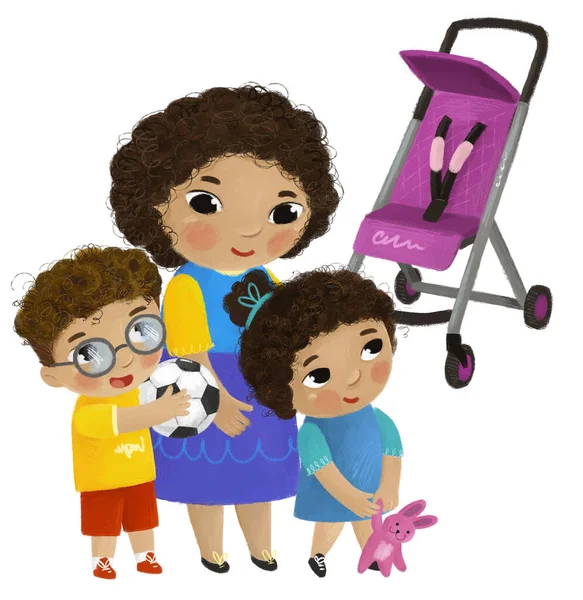 Cena Dos Desenhos Animados Com Mãe Crianças Menino Menina Perto — Fotografia de Stock