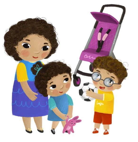卡通片场景 男孩和女孩在婴儿车附近玩白色背景图 — 图库照片