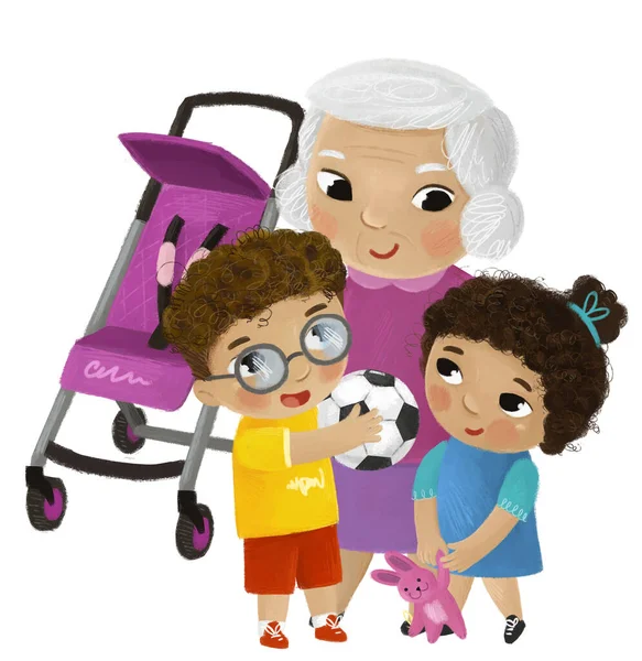 卡通片场景 奶奶和孩子们在婴儿车附近玩白色背景图 — 图库照片