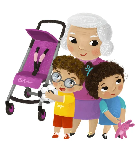 おばあちゃんと子供の男の子と女の子が白い背景イラストで遊んでいる赤ちゃんの馬車の近くの漫画シーン — ストック写真
