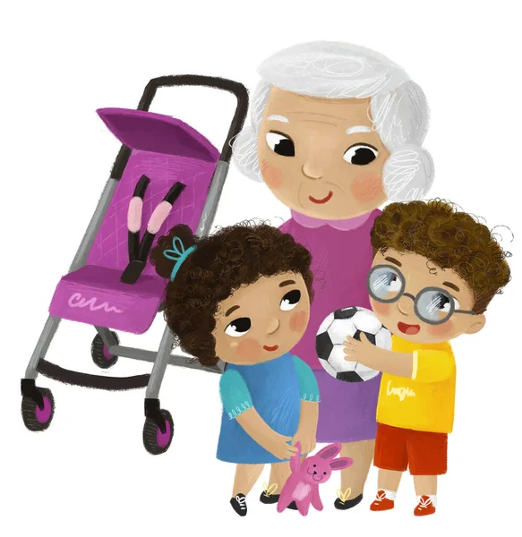 おばあちゃんと子供の男の子と女の子が白い背景イラストで遊んでいる赤ちゃんの馬車の近くの漫画シーン — ストック写真