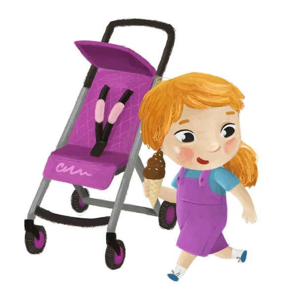Tecknad Scen Med Barn Flicka Nära Baby Vagn Spelar Vit — Stockfoto