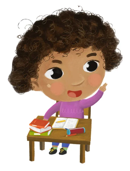 cartoon child kid girl pupil going to school learning reading by the desk with globe childhood illustration