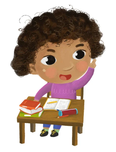 卡通儿童女学生上学在书桌边看书 附有全球童年图解 — 图库照片