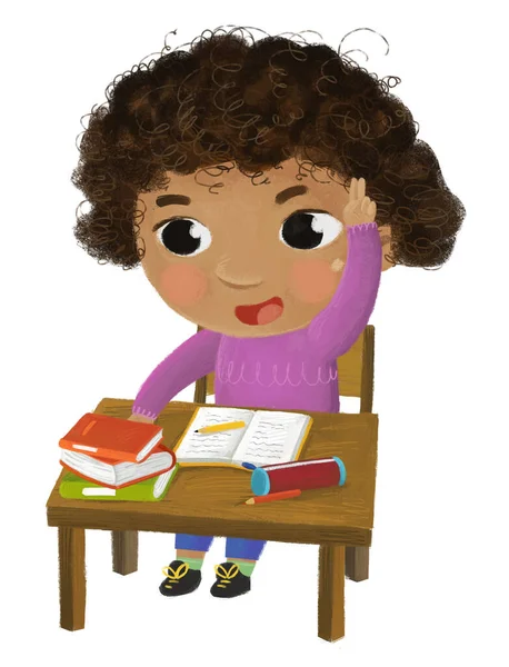 stock image cartoon child kid girl pupil going to school learning reading by the desk with globe childhood illustration