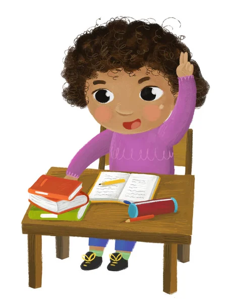 Kreslené Dítě Dítě Dívka Žák Jít Školy Učení Čtení Stolu — Stock fotografie