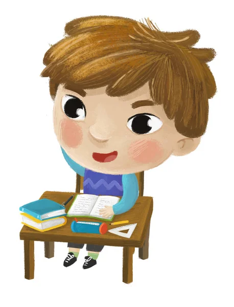 漫画の子供の男の子の生徒は 地球の子供時代のイラストと机で読書を学びに行きます — ストック写真