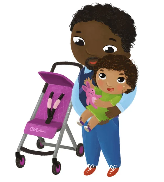 卡通片场景 父亲和小女孩蹒跚学步接近婴儿车 为孩子们玩白色背景图 — 图库照片