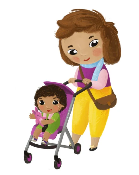卡通片场景 母亲和小女孩蹒跚学步接近婴儿车 为孩子们播放白色背景插图 — 图库照片