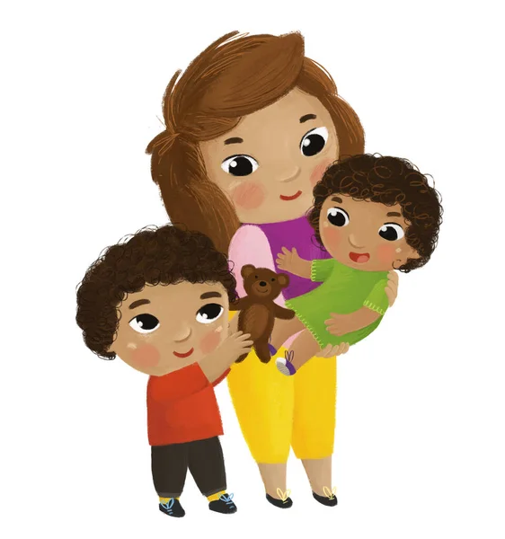 卡通片场景 在白色背景图上为孩子们展示快乐关爱的家庭 母亲和女儿 — 图库照片